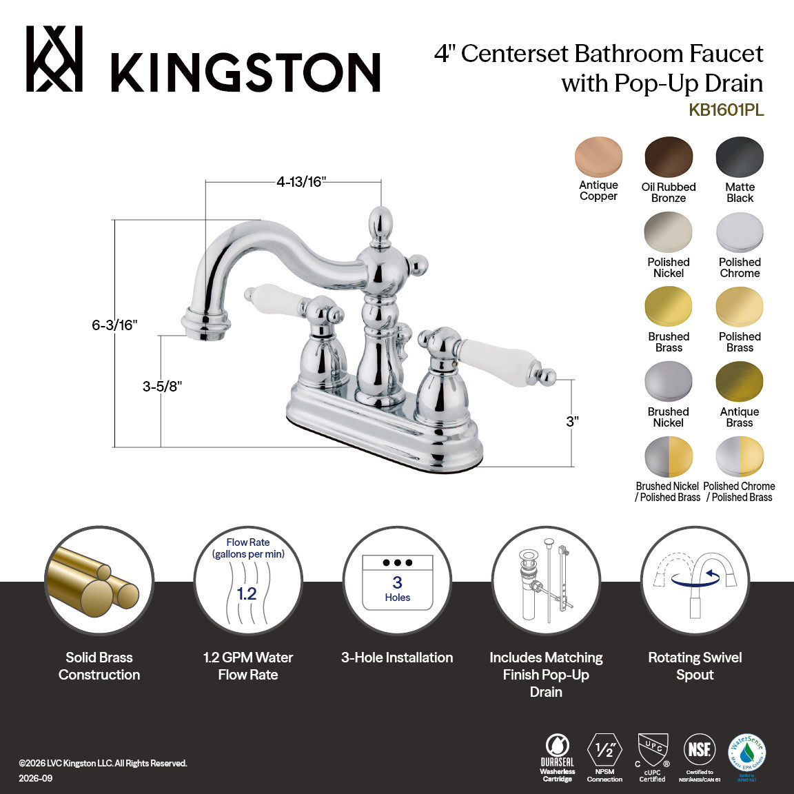 Heritage Double-Handle 4" Centerset Bathroom Faucet with Pop-Up Drain in Polished Brass