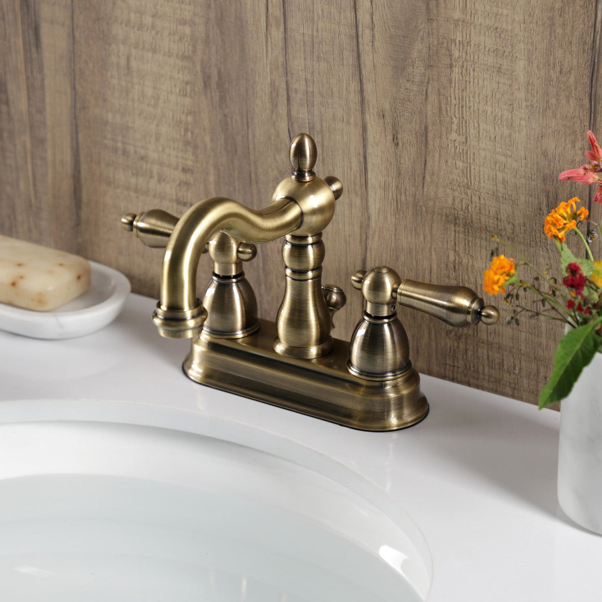 Heritage Double-Handle 4" Centerset Bathroom Faucet with Pop-Up Drain in Antique Brass