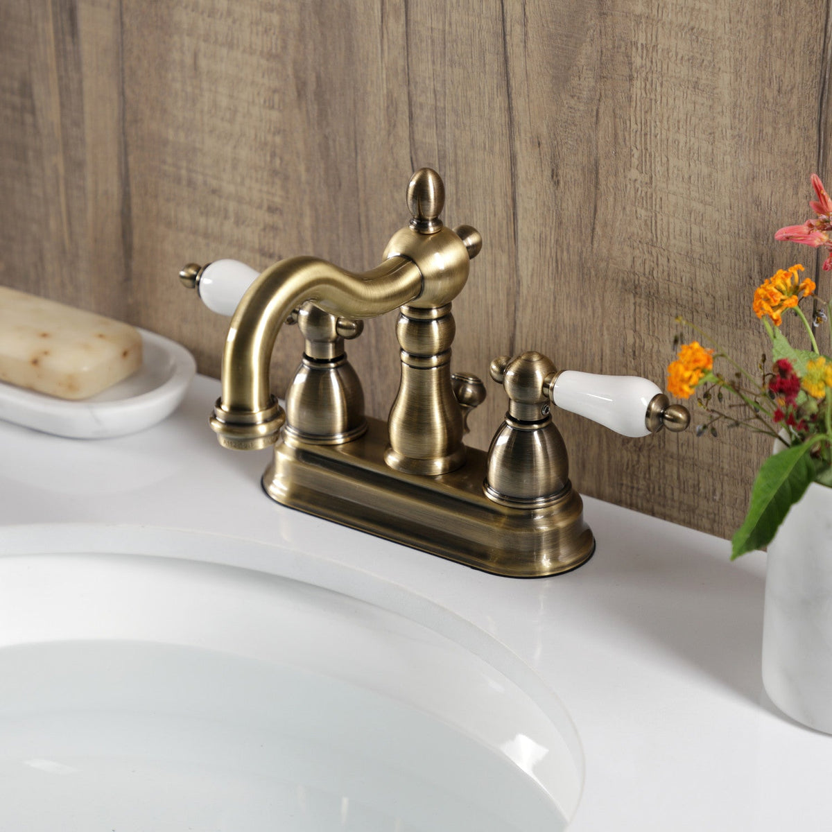 Heritage Double-Handle 4" Centerset Bathroom Faucet with Pop-Up Drain in Antique Brass