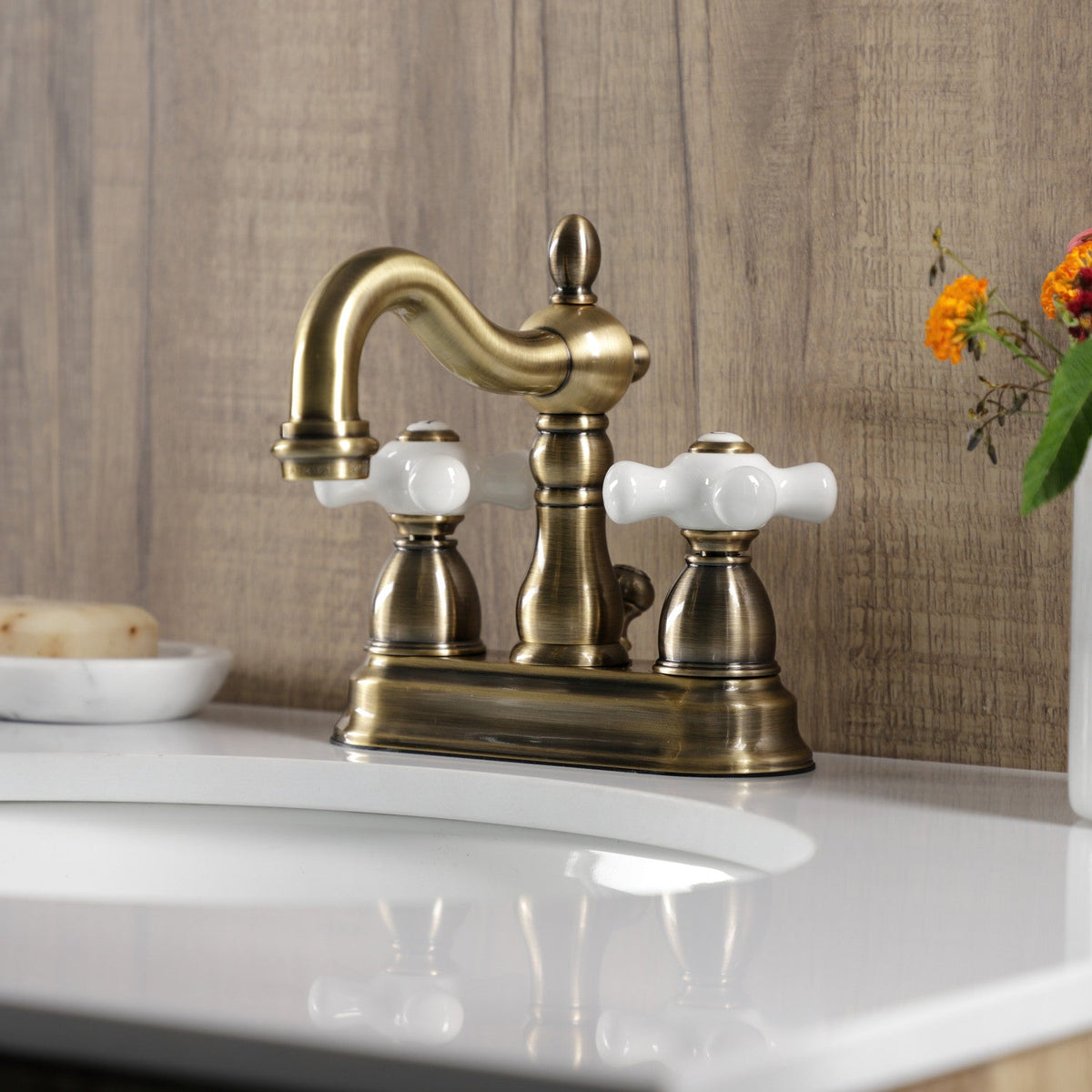 Heritage Double-Handle 4" Centerset Bathroom Faucet with Pop-Up Drain in Antique Brass