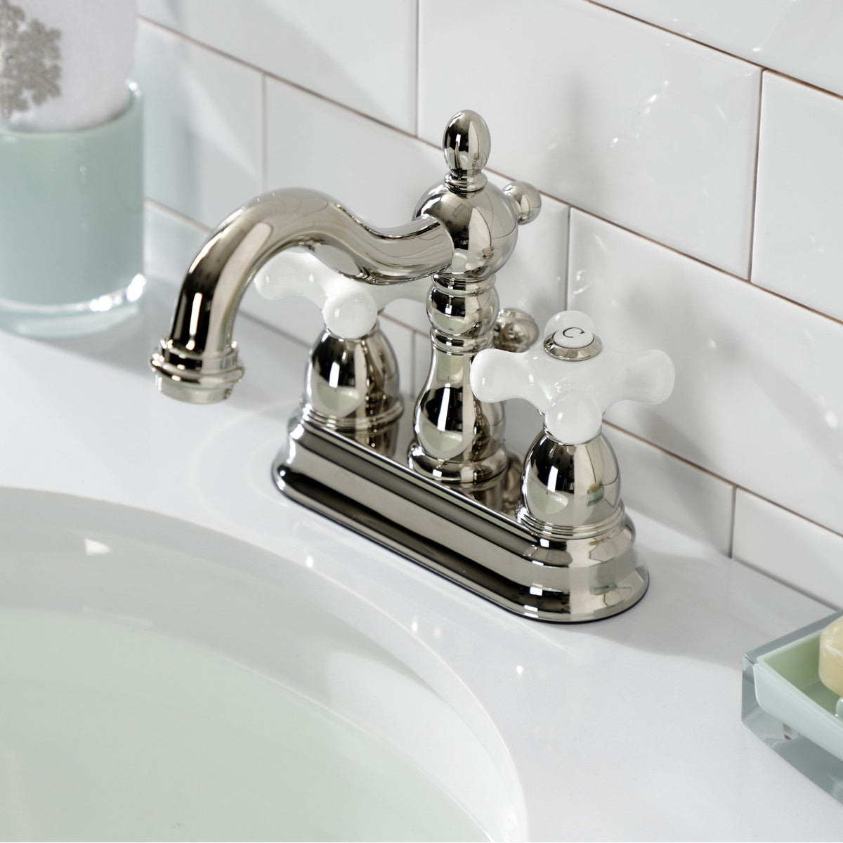 Heritage Double-Handle 4" Centerset Bathroom Faucet with Pop-Up Drain in Polished Nickel