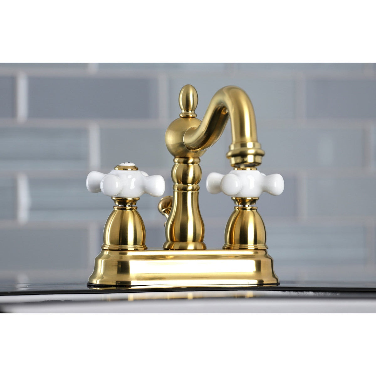 Heritage Double-Handle 4" Centerset Bathroom Faucet with Pop-Up Drain in Brushed Brass