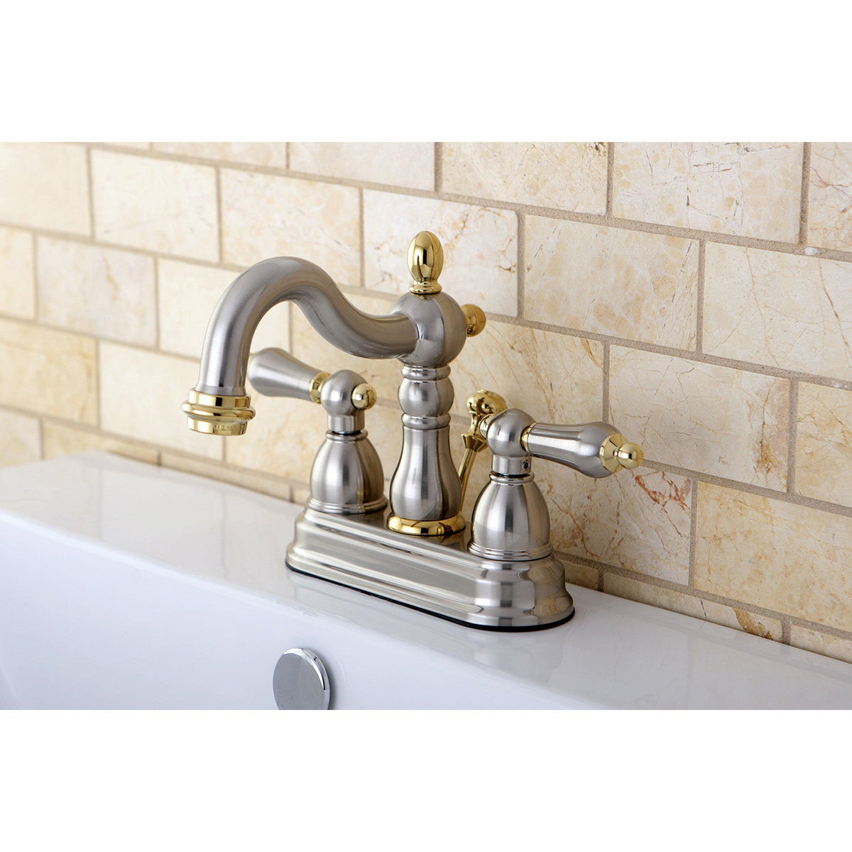 Heritage Double-Handle 4" Centerset Bathroom Faucet with Pop-Up Drain in Brushed Nickel/Polished Brass
