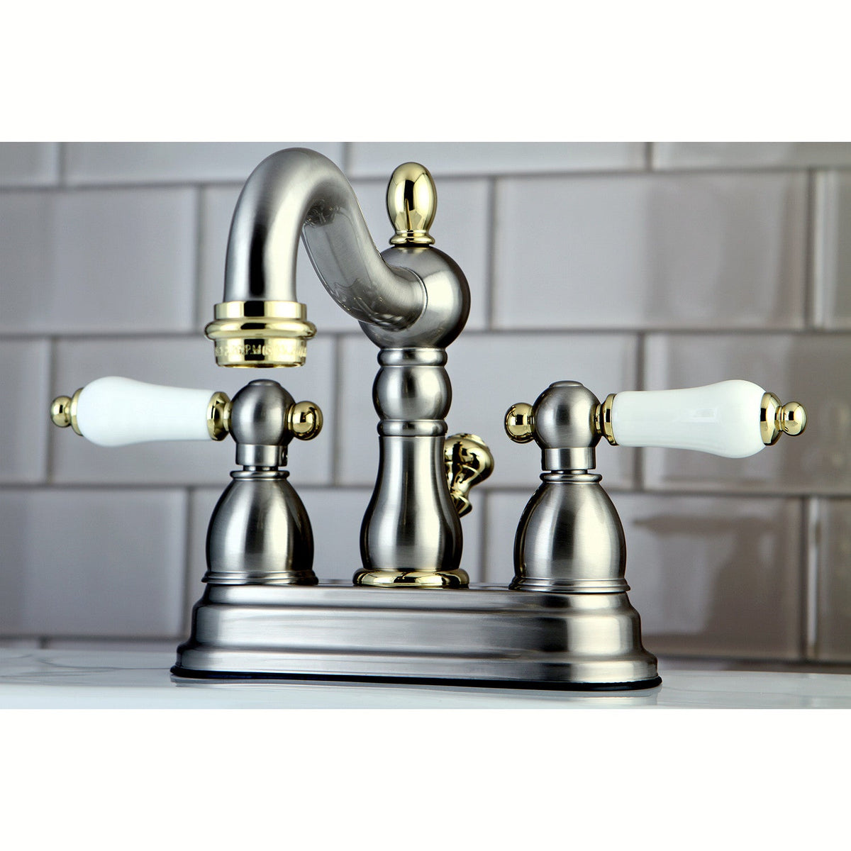 Heritage Double-Handle 4" Centerset Bathroom Faucet with Pop-Up Drain in Brushed Nickel/Polished Brass