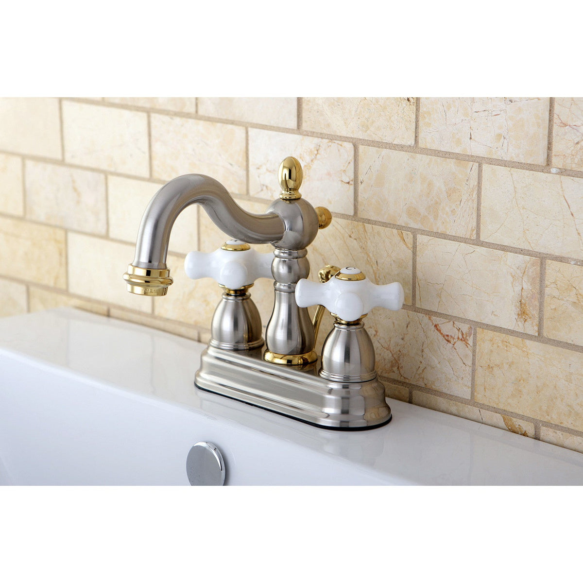 Heritage Double-Handle 4" Centerset Bathroom Faucet with Pop-Up Drain in Brushed Nickel/Polished Brass
