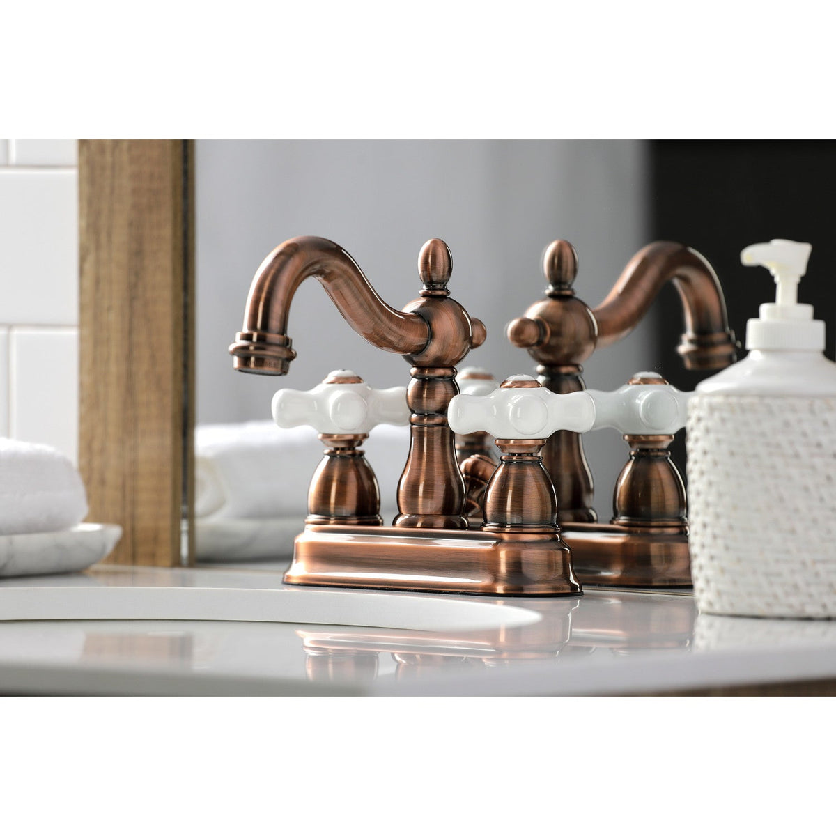 Heritage Double-Handle 4" Centerset Bathroom Faucet with Pop-Up Drain in Antique Copper