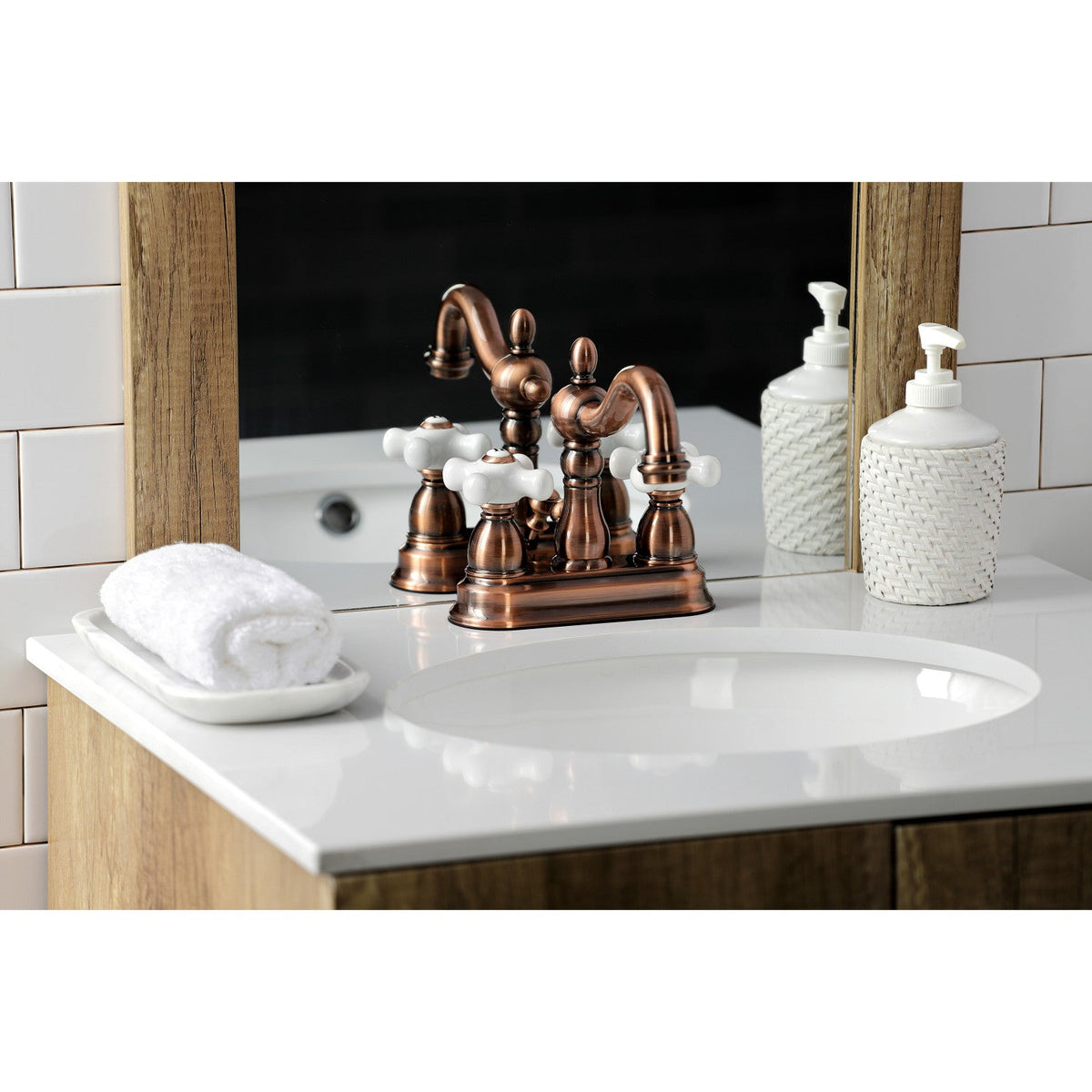 Heritage Double-Handle 4" Centerset Bathroom Faucet with Pop-Up Drain in Antique Copper