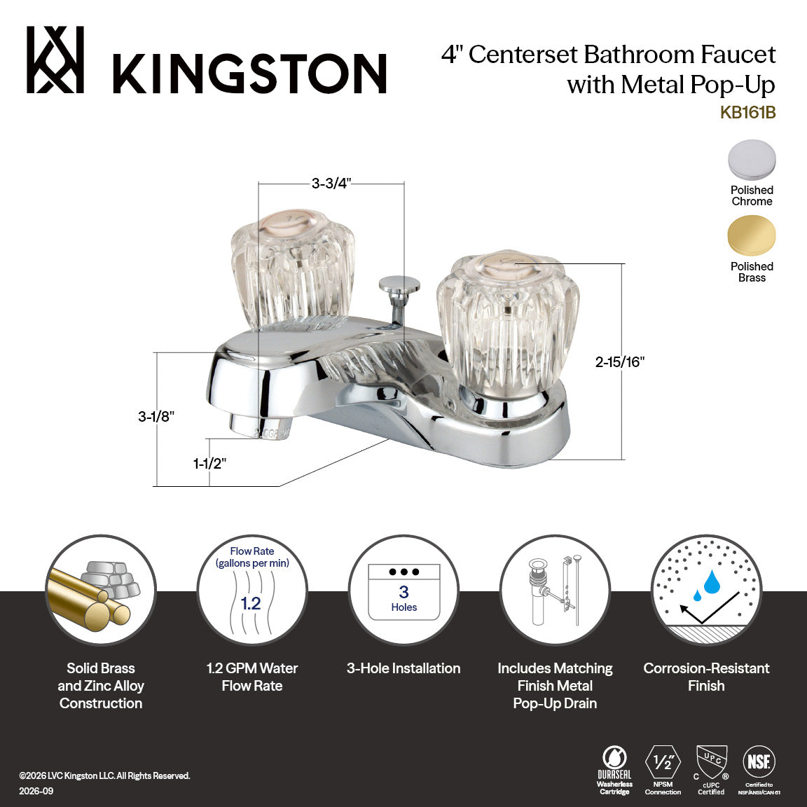 Americana Double-Handle 4" Centerset Bathroom Faucet with Brass Pop-Up in Polished Chrome