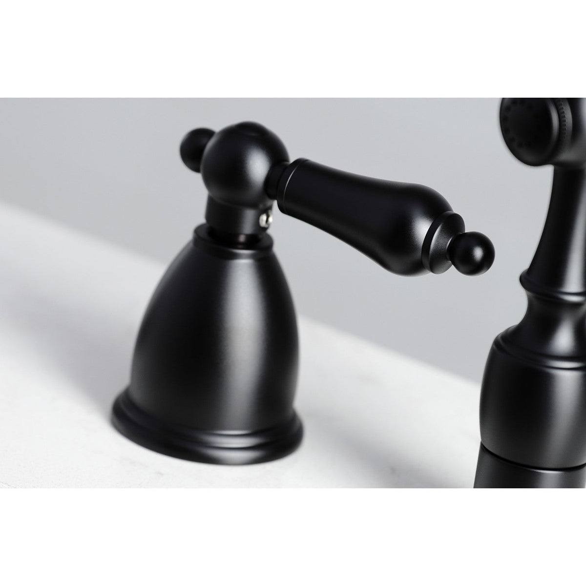 Heritage Double-Handle Widespread Kitchen Faucet with Brass Sprayer in Matte Black