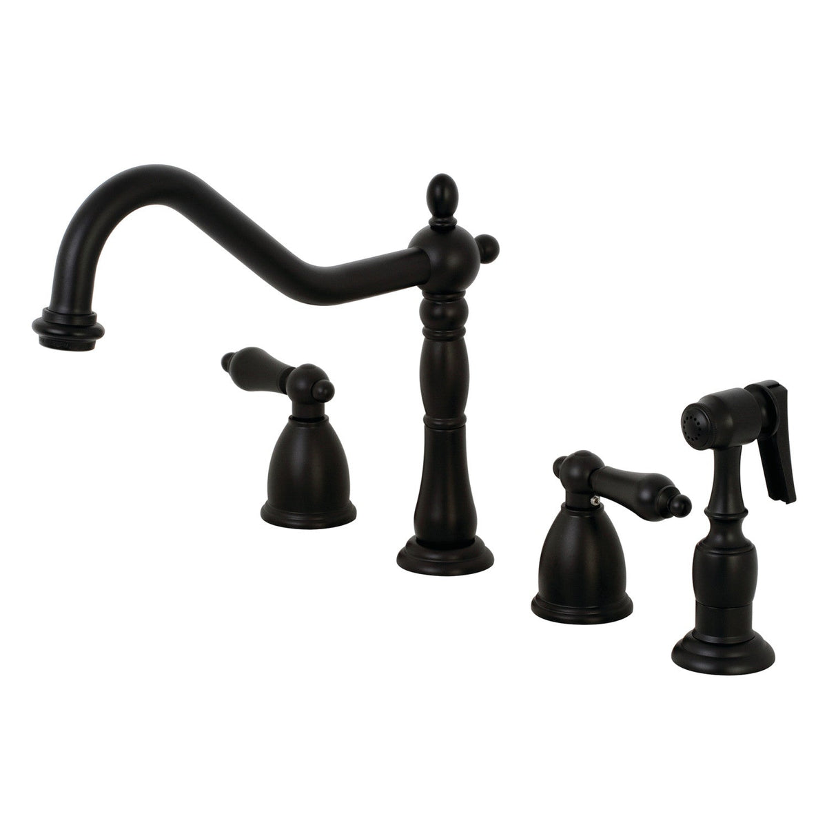 Heritage Double-Handle Widespread Kitchen Faucet with Brass Sprayer in Matte Black