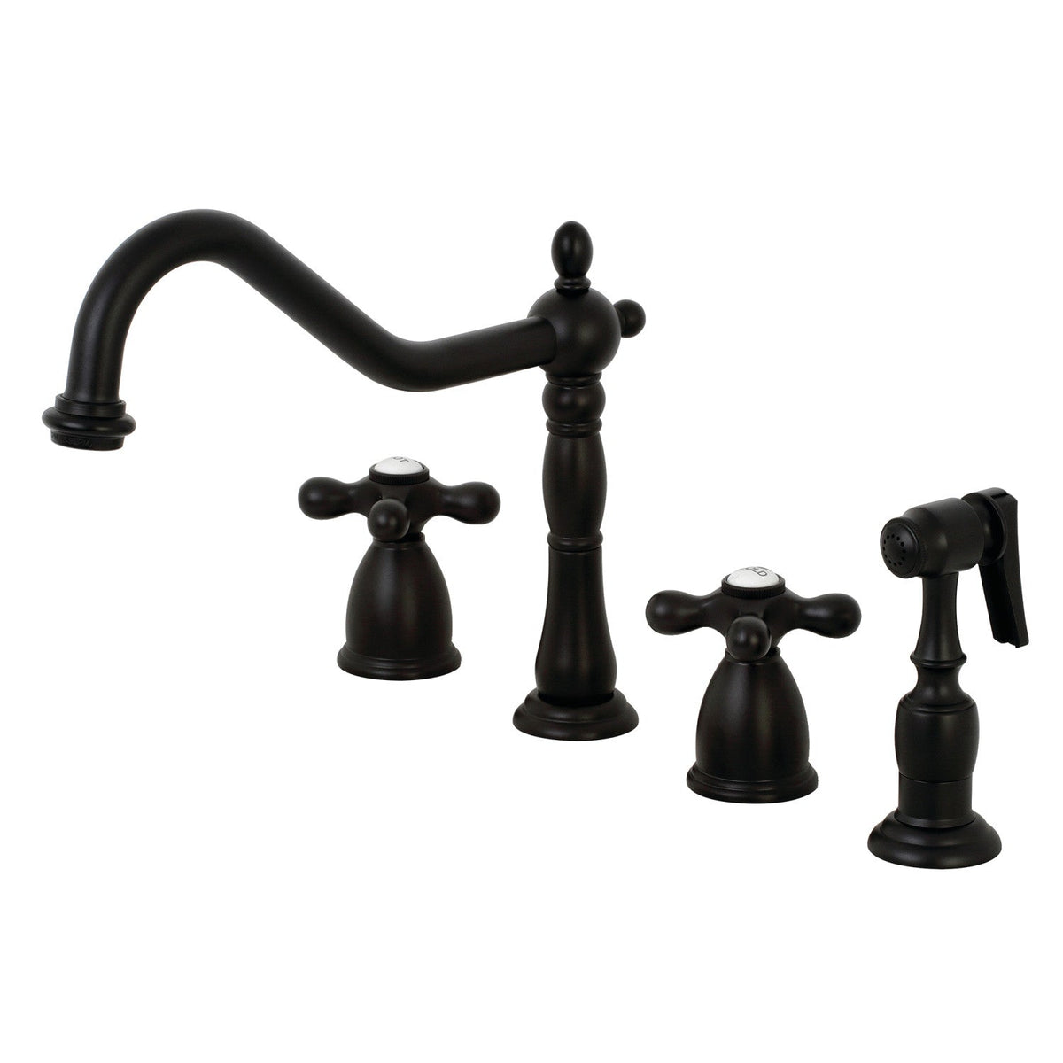 Heritage Double-Handle Widespread Kitchen Faucet with Brass Sprayer in Matte Black