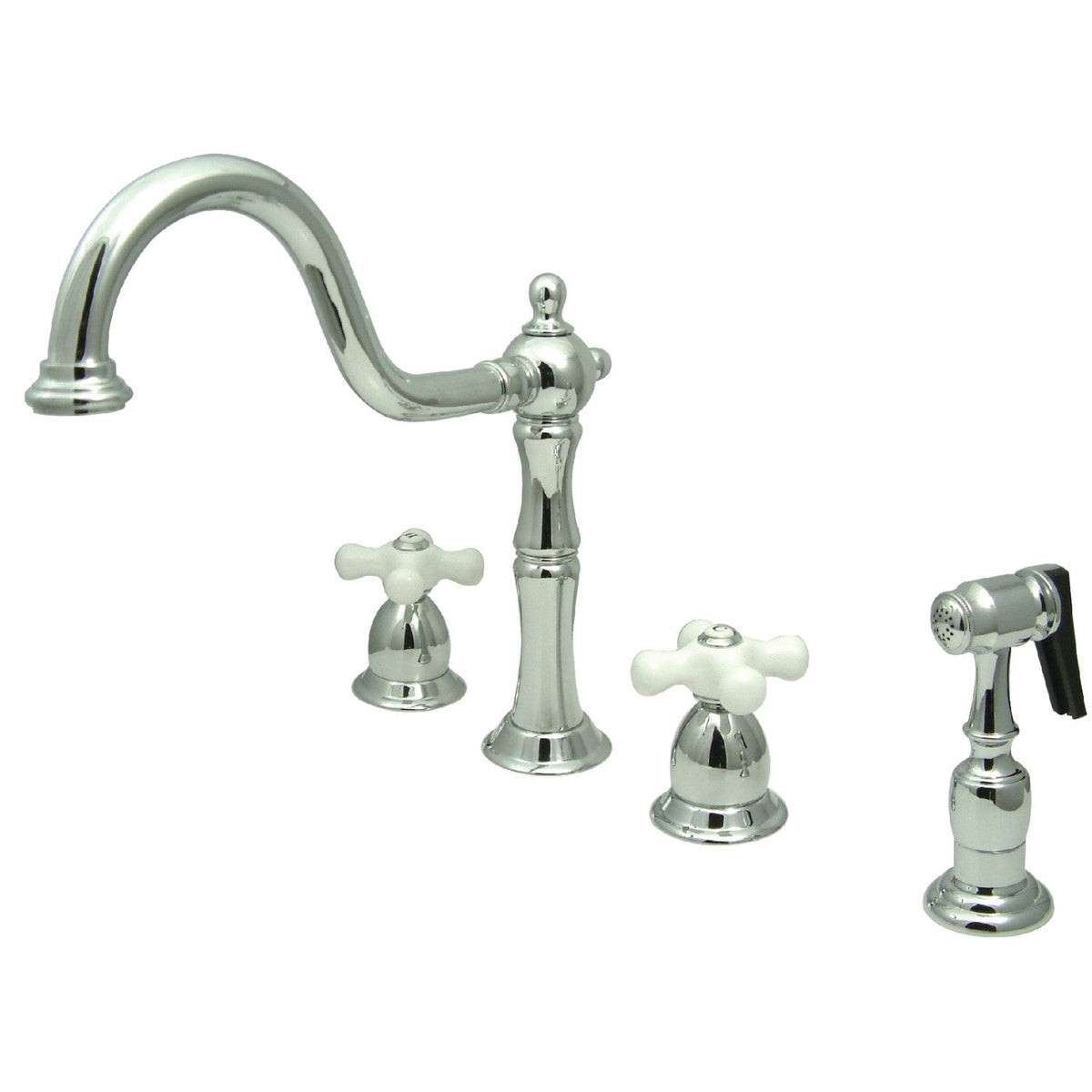 Heritage Double-Handle Widespread Kitchen Faucet with Brass Sprayer in Polished Chrome
