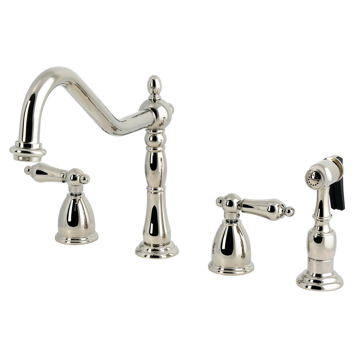 Heritage Double-Handle Widespread Kitchen Faucet with Brass Sprayer in Polished Nickel