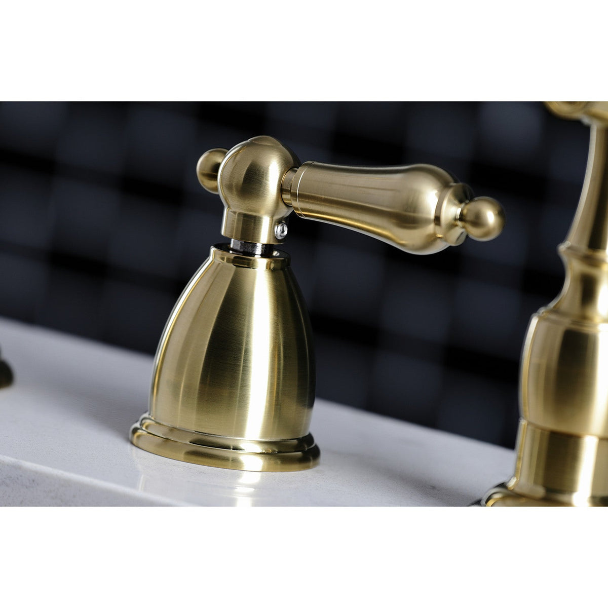 Heritage Double-Handle Widespread Kitchen Faucet with Brass Sprayer in Brushed Brass