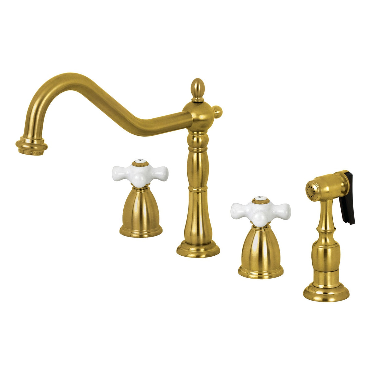Heritage Double-Handle Widespread Kitchen Faucet with Brass Sprayer in Brushed Brass