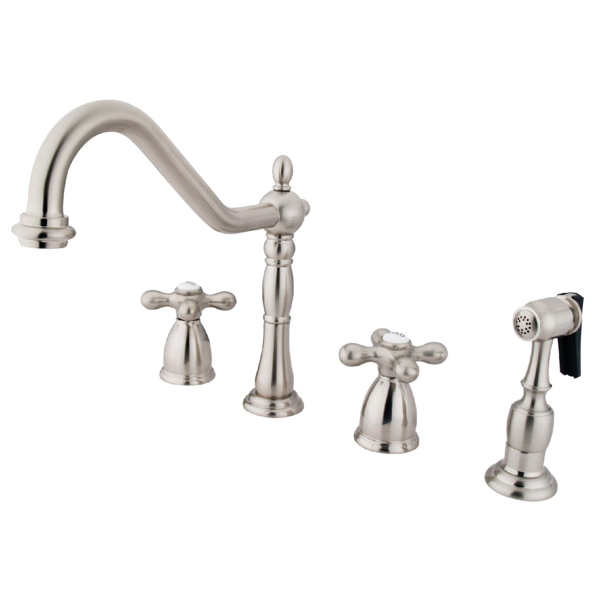 Heritage Double-Handle Widespread Kitchen Faucet with Brass Sprayer in Brushed Nickel