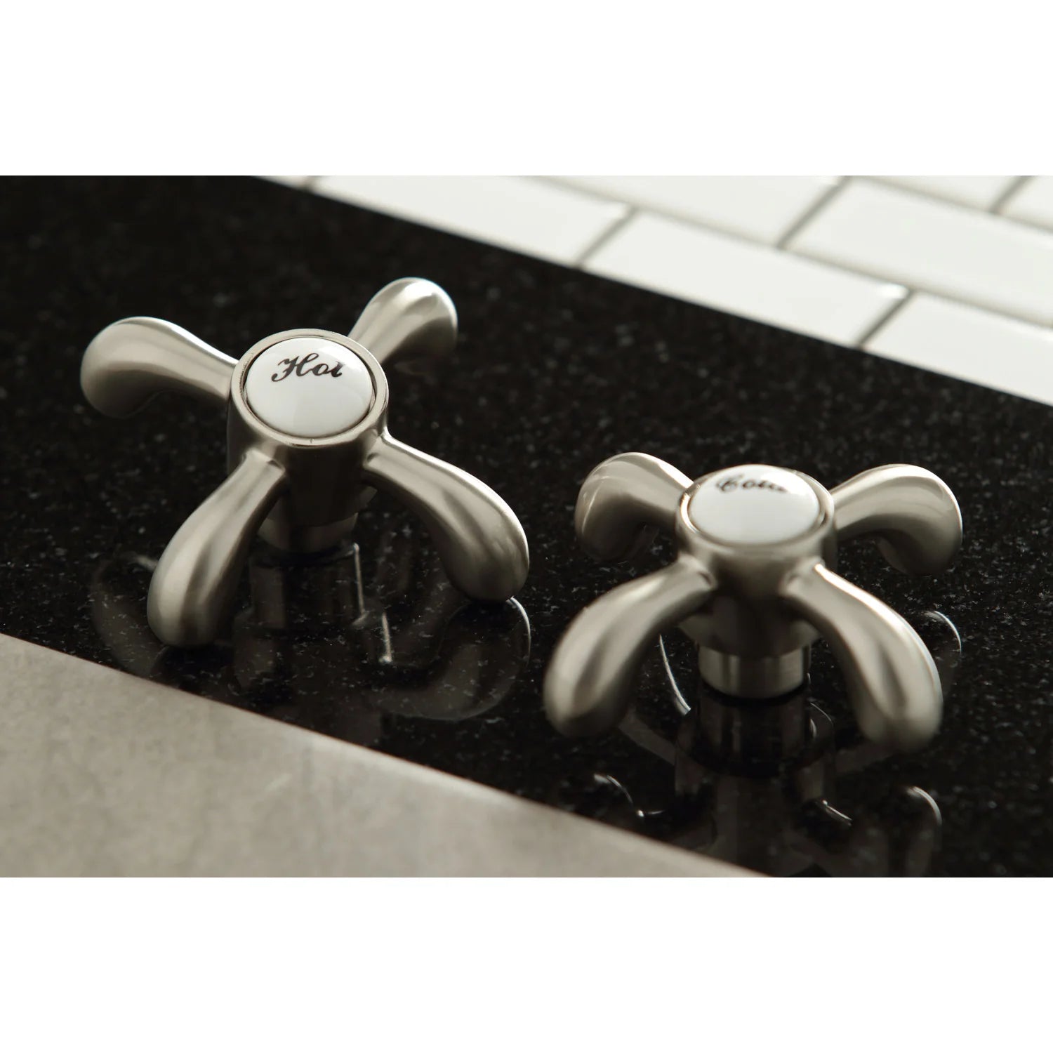 Brushed nickel hot and cold handles for widespread kitchen faucet
