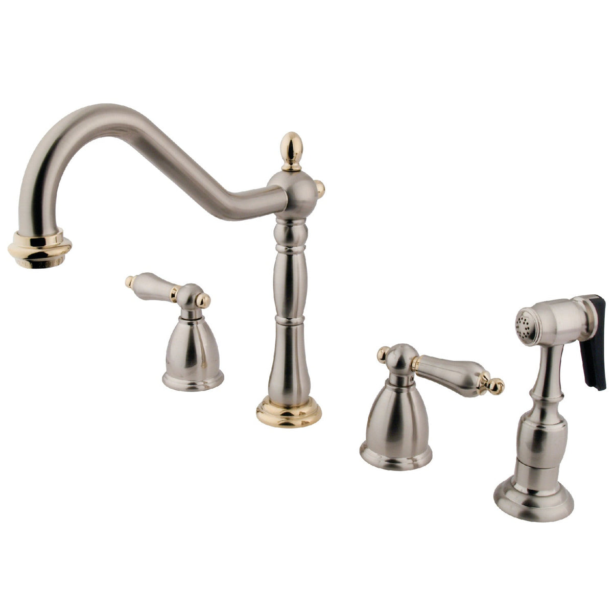 Heritage Double-Handle Widespread Kitchen Faucet with Brass Sprayer in Brushed Nickel/Polished Brass