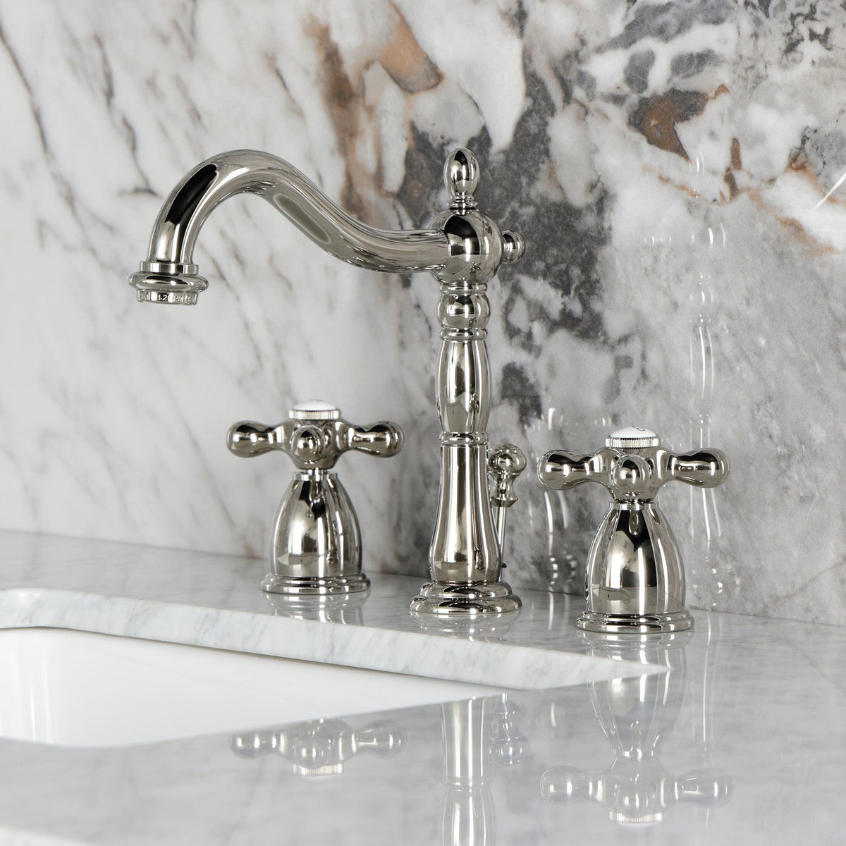 Heritage Widespread Bathroom Faucet with Brass Pop-Up in Polished Nickel