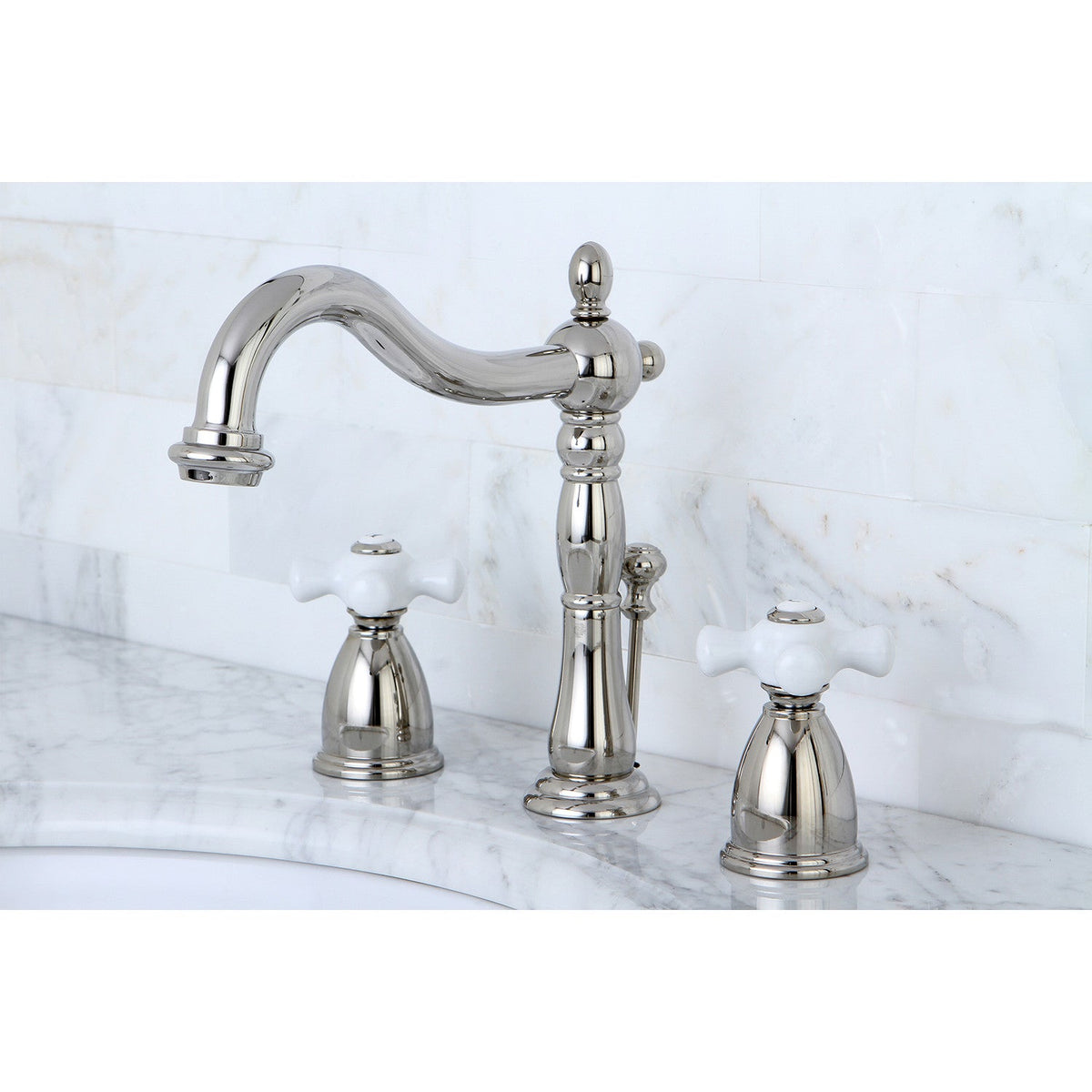 Heritage Widespread Bathroom Faucet with Brass Pop-Up in Polished Nickel