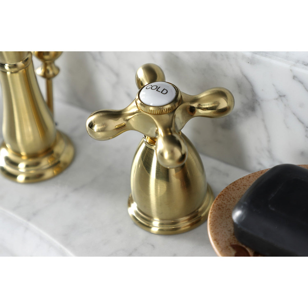 Heritage Widespread Bathroom Faucet with Brass Pop-Up in Brushed Brass