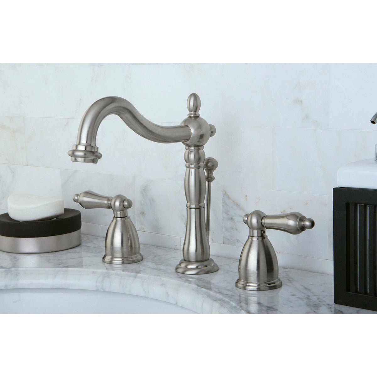 Heritage Widespread Bathroom Faucet with Pop-Up Drain in Brushed Nickel