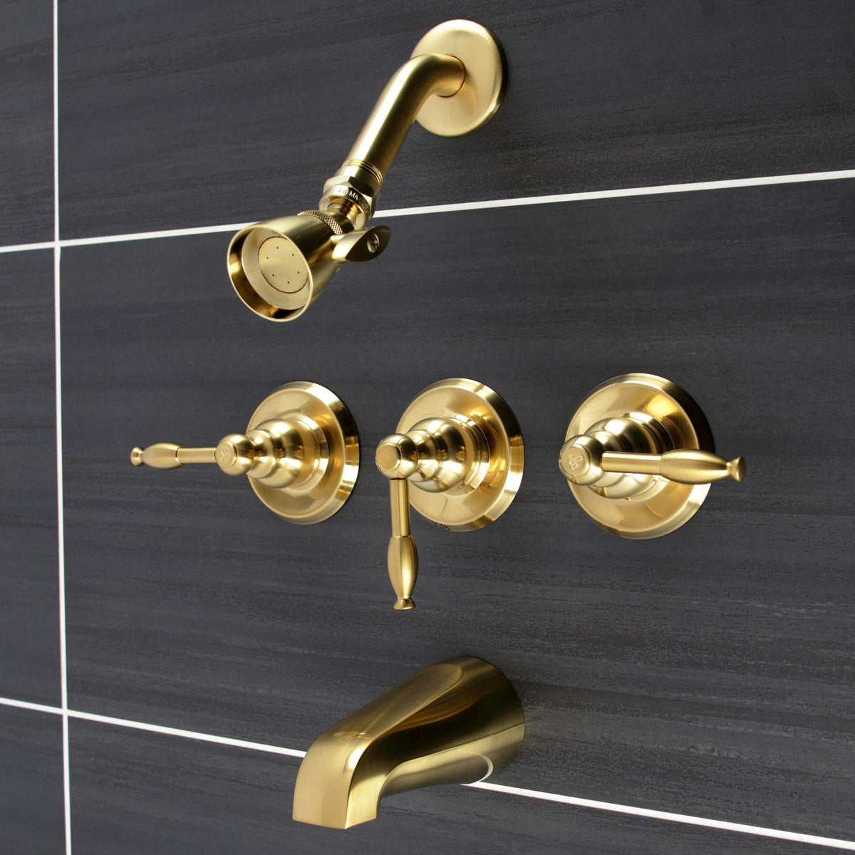 Knight Triple-Handle Tub and Shower Faucet in Brushed Brass