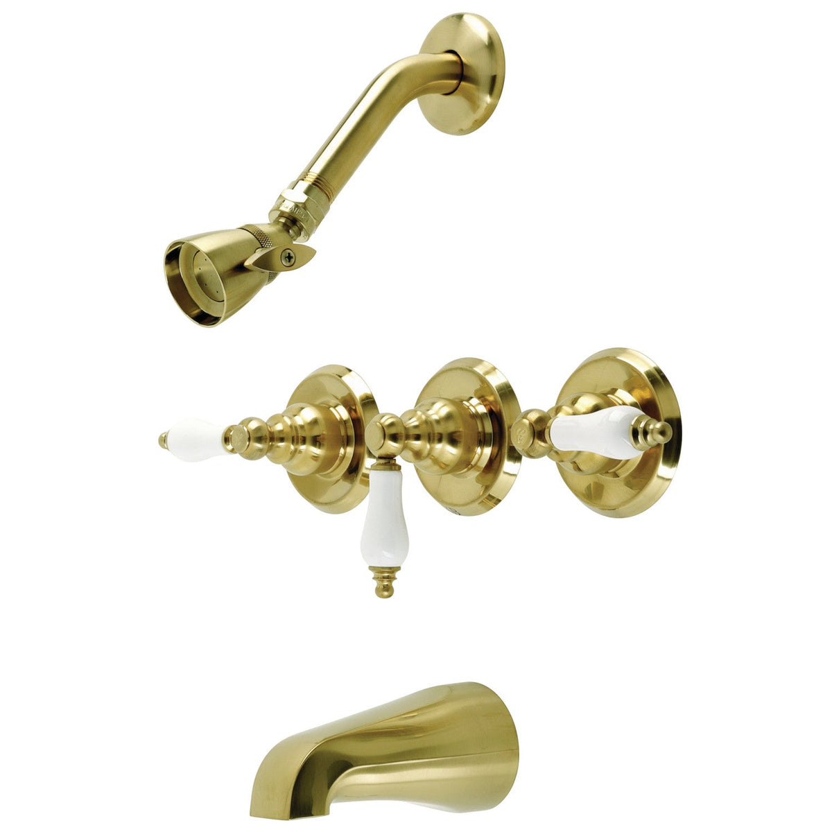 Victorian Triple-Handle Tub and Shower Faucet in Brushed Brass