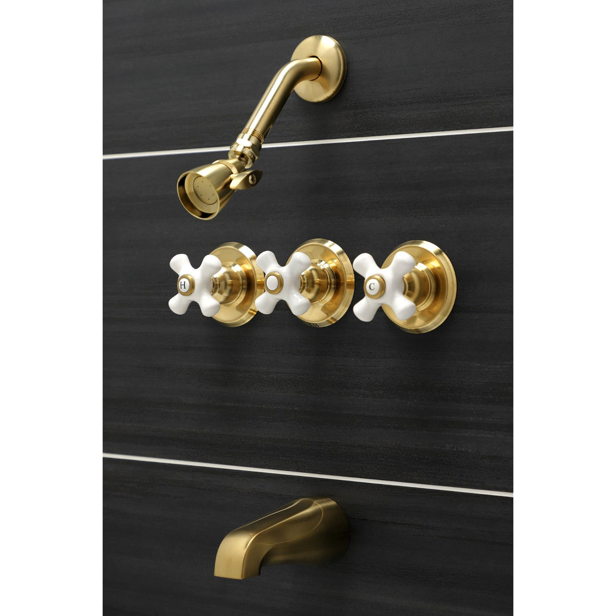 Victorian Triple-Handle Tub and Shower Faucet in Brushed Brass