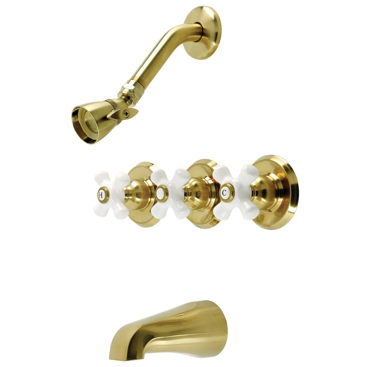 Victorian Triple-Handle Tub and Shower Faucet in Brushed Brass