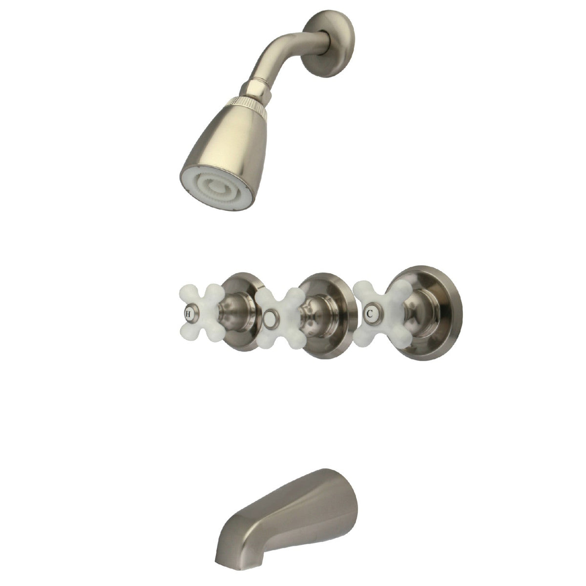Victorian Triple-Handle Tub and Shower Faucet in Brushed Nickel