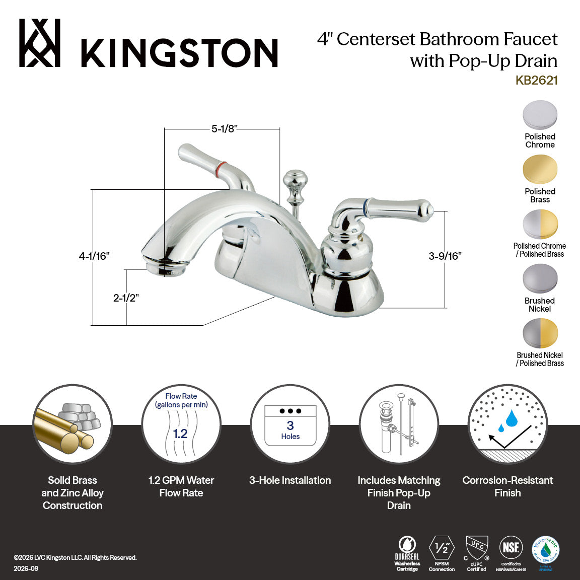 Naples Double-Handle 4" Centerset Bathroom Faucet with ABS Pop-Up Drain in Polished Chrome