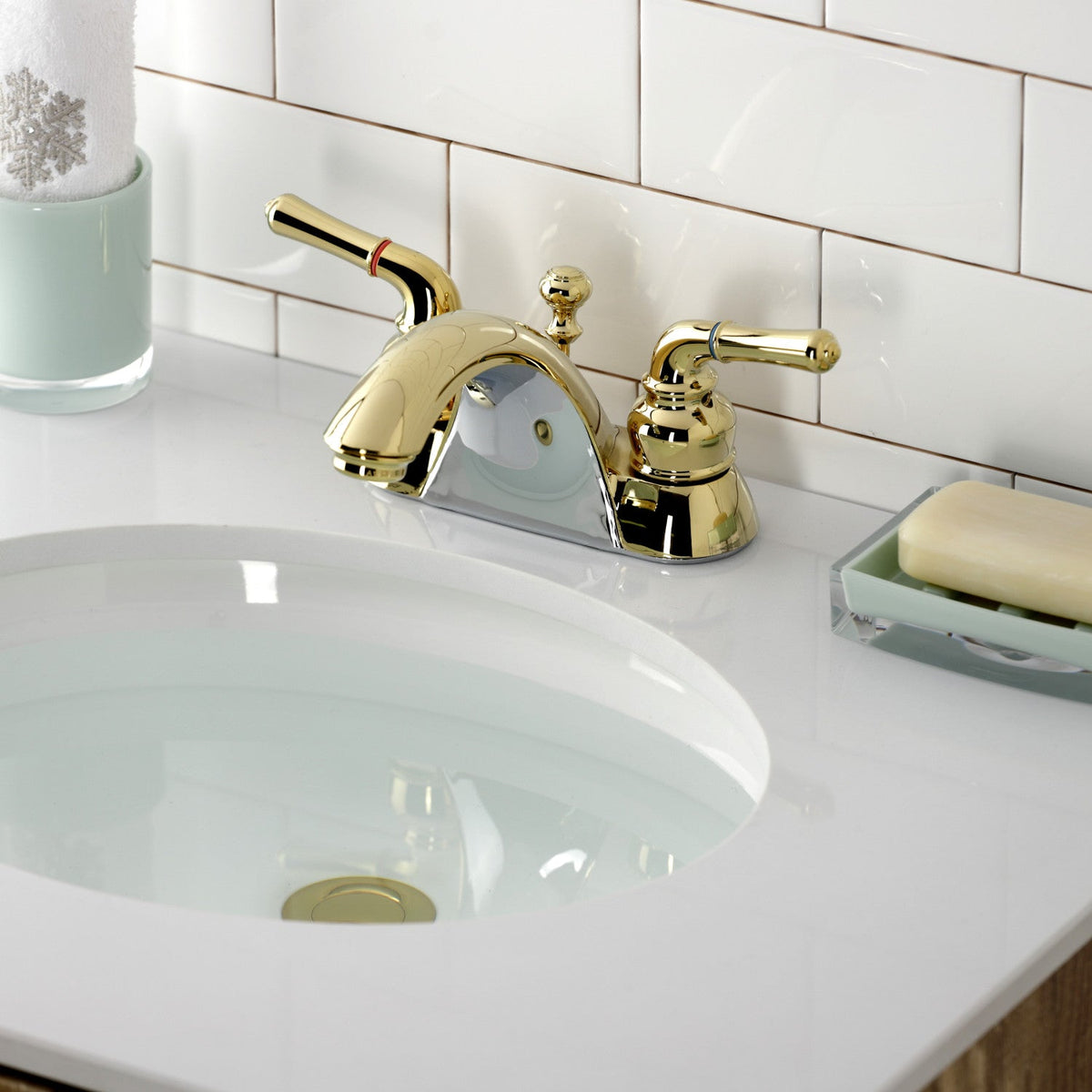 Naples Double-Handle 4" Centerset Bathroom Faucet with ABS Pop-Up Drain in Polished Brass