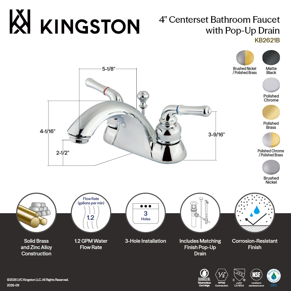 Naples Double-Handle 4" Centerset Bathroom Faucet with Pop-Up Drain in Brushed Nickel/Polished Brass