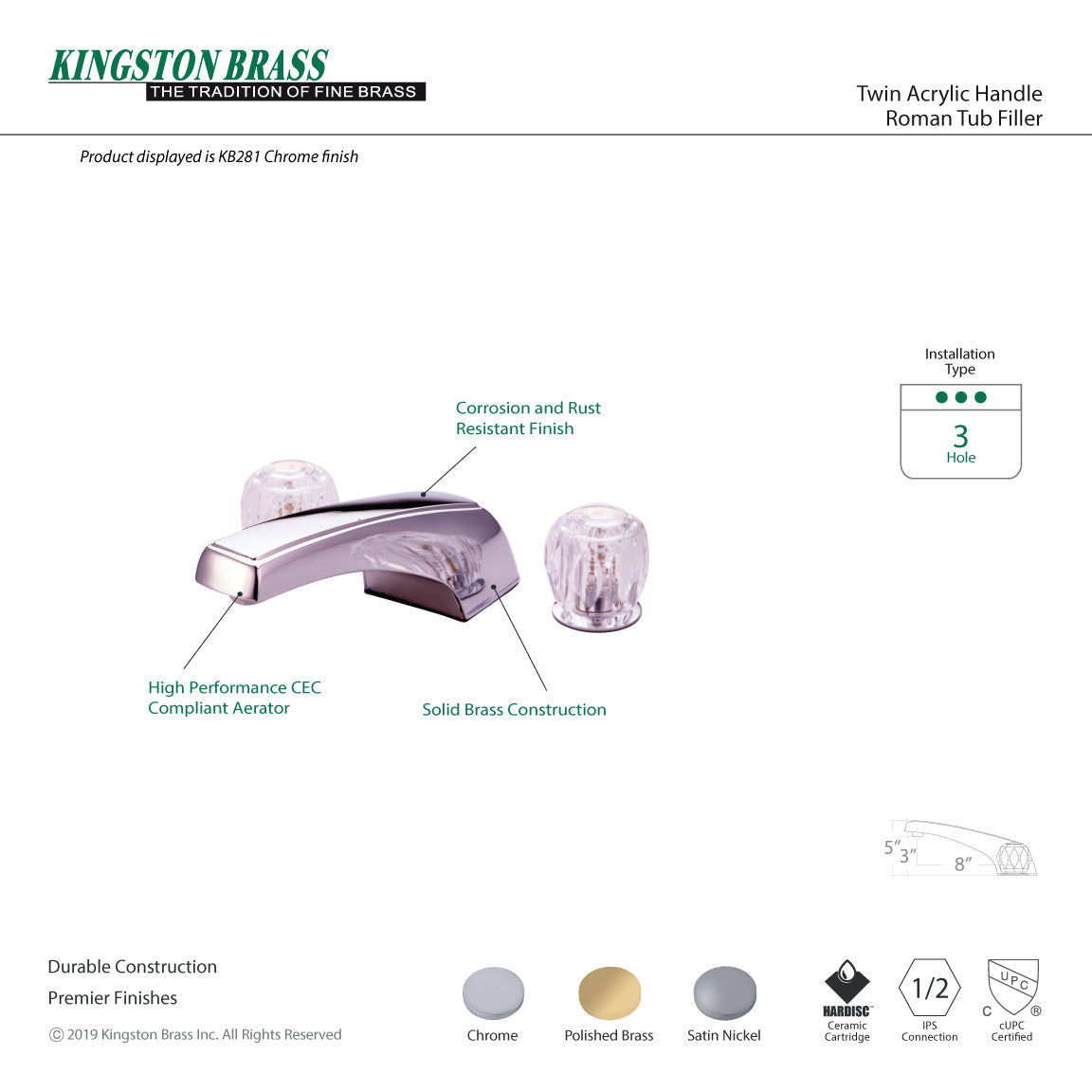 Two-Handle Deck Mount Roman Tub Faucet in Polished Chrome