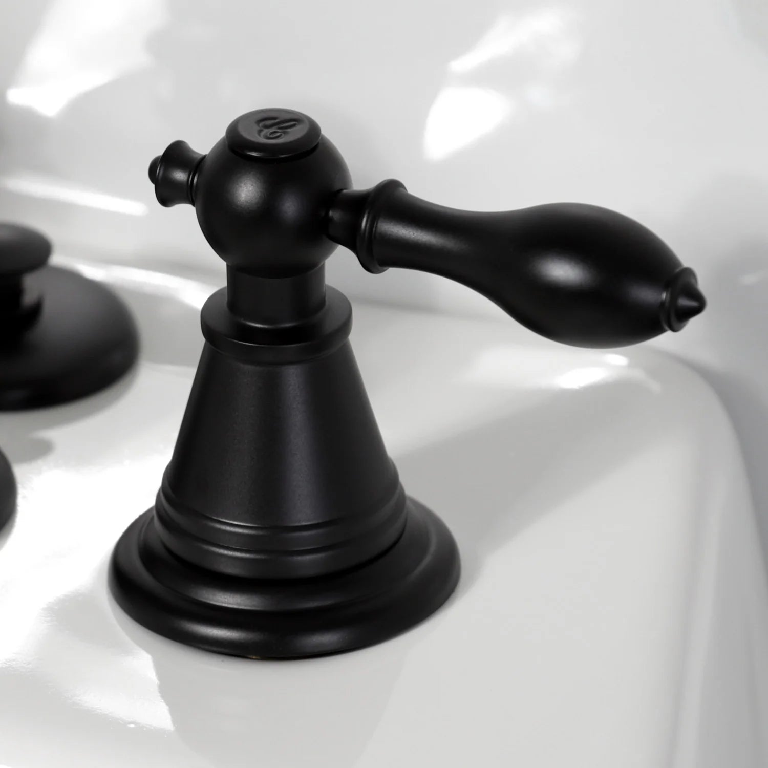 Matte black bidet faucet spout with round handle bases and decorative lever