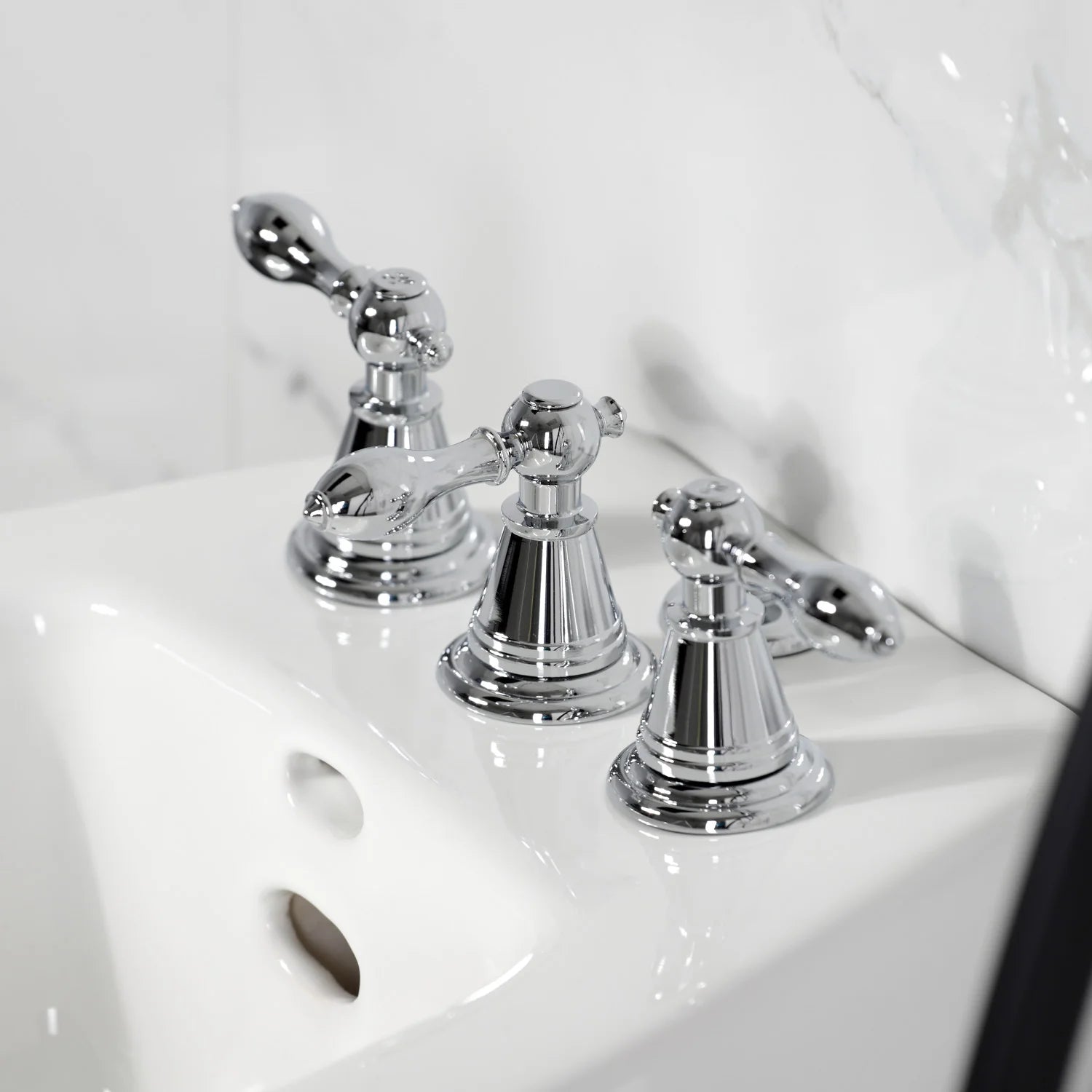 Polished chrome three-handle bidet faucet with curved spouts and pop-up style parts