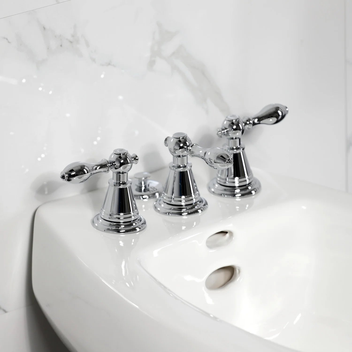 Polished chrome Victorian three-handle bidet faucet set on countertop