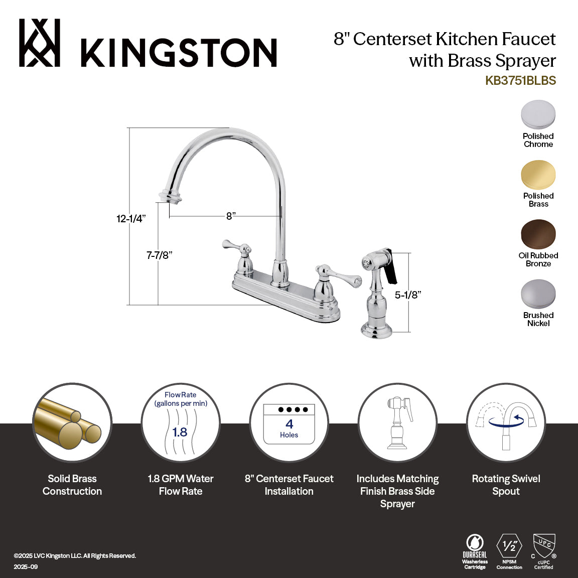 Vintage Double-Handle 8" Centerset Kitchen Faucet with Side Sprayer in Brushed Nickel