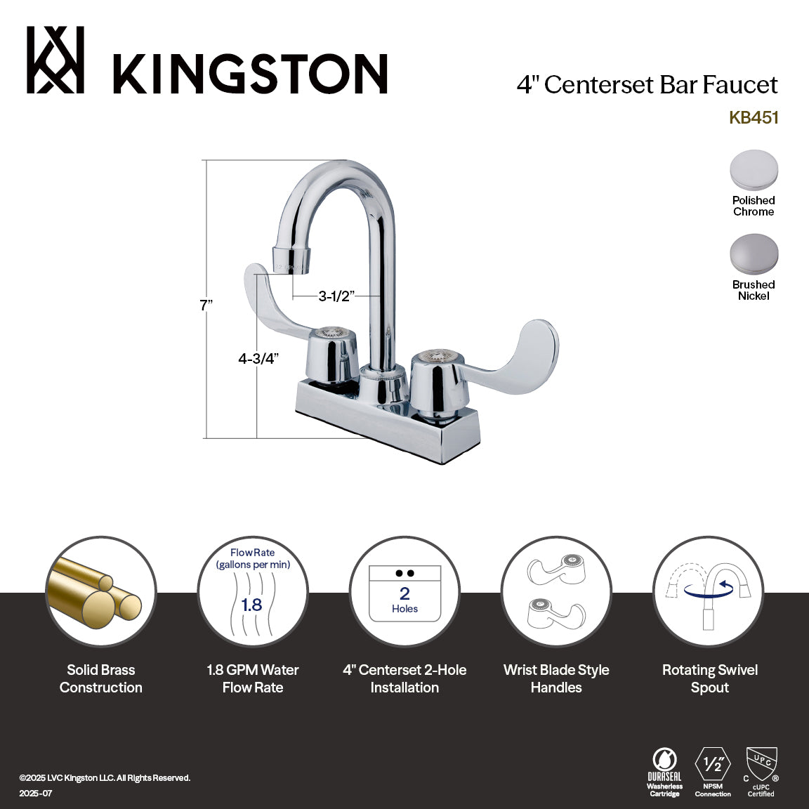 Vista Double-Handle 4" Centerset Bar Faucet in Brushed Nickel
