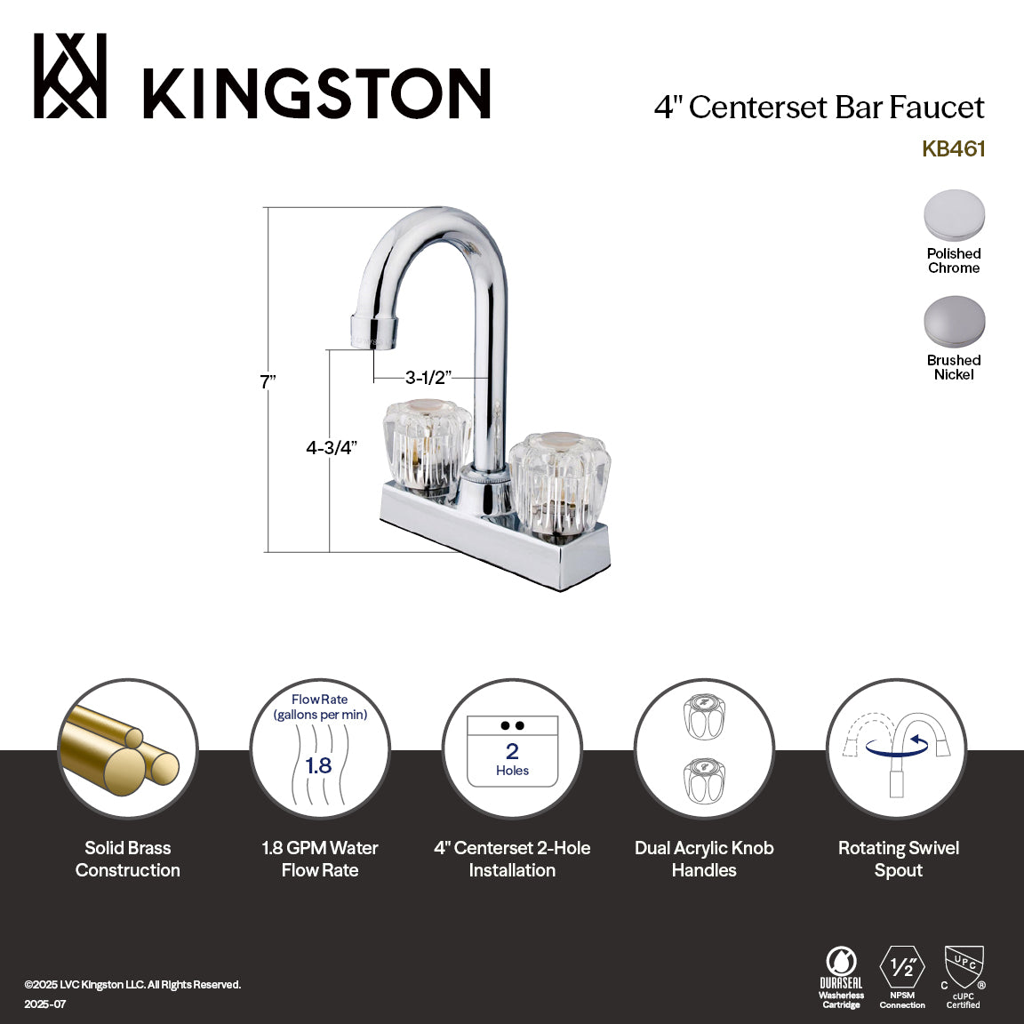 Americana Double-Handle 4" Centerset Bar Faucet in Brushed Nickel