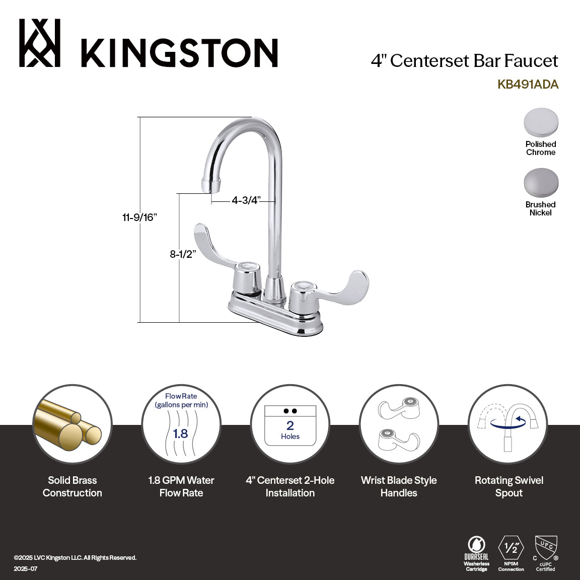 Vista Double-Handle 4" Centerset Bar Faucet in Brushed Nickel