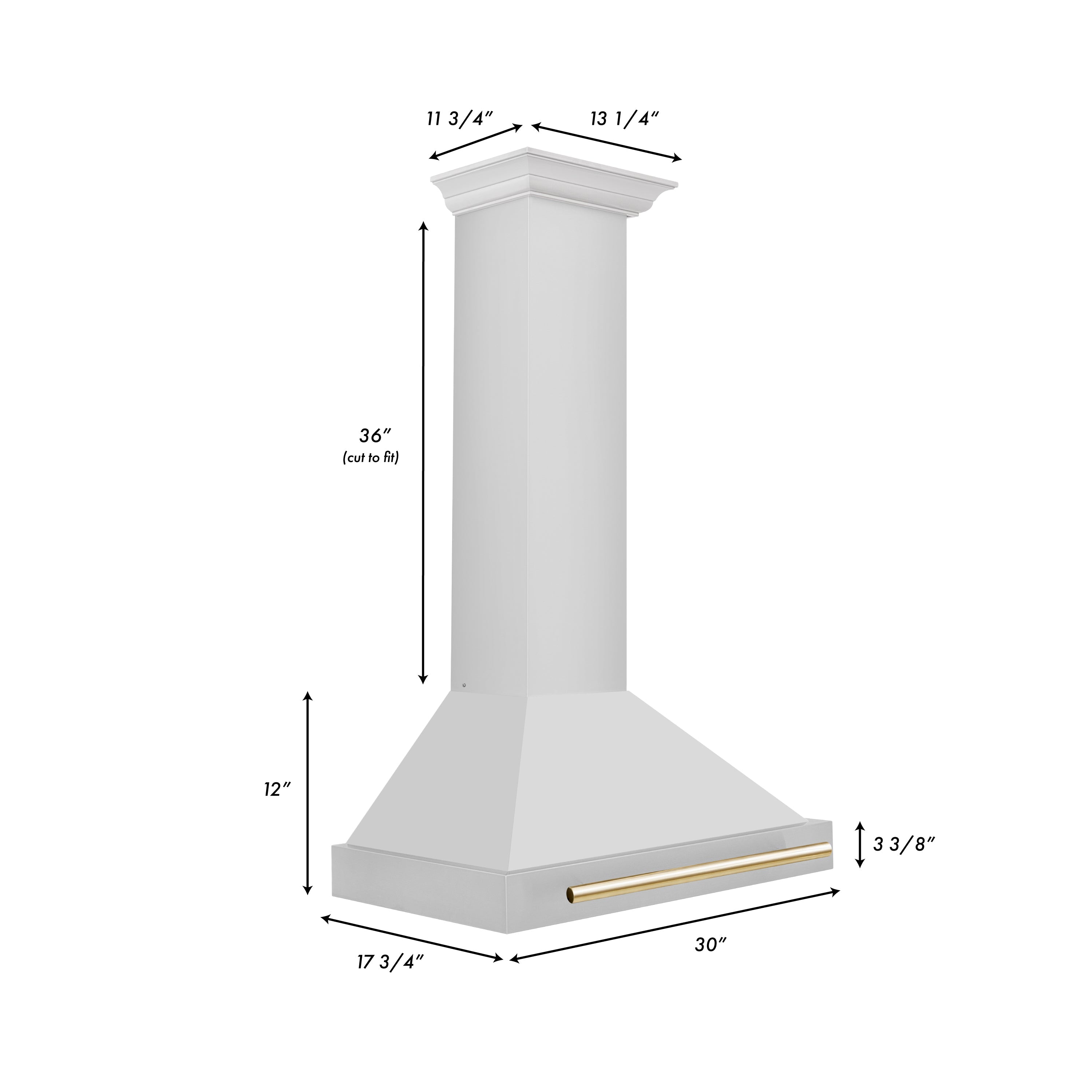 Wall mount range hood dimensions diagram with gold accent bar