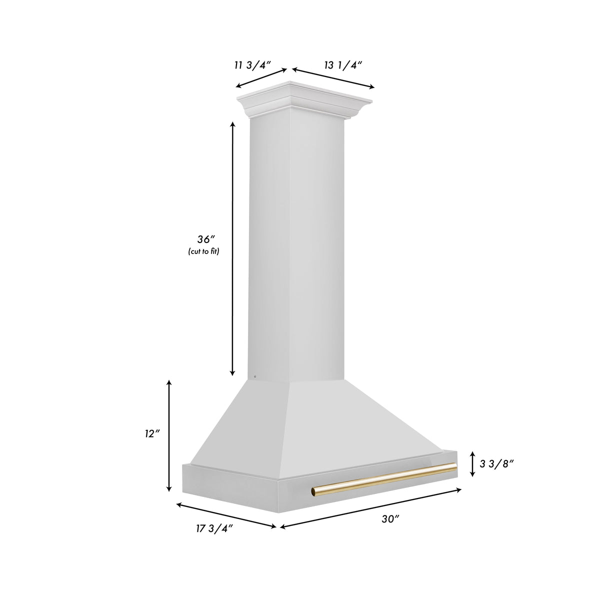 White range hood with gold front vent trim, with dimension arrows