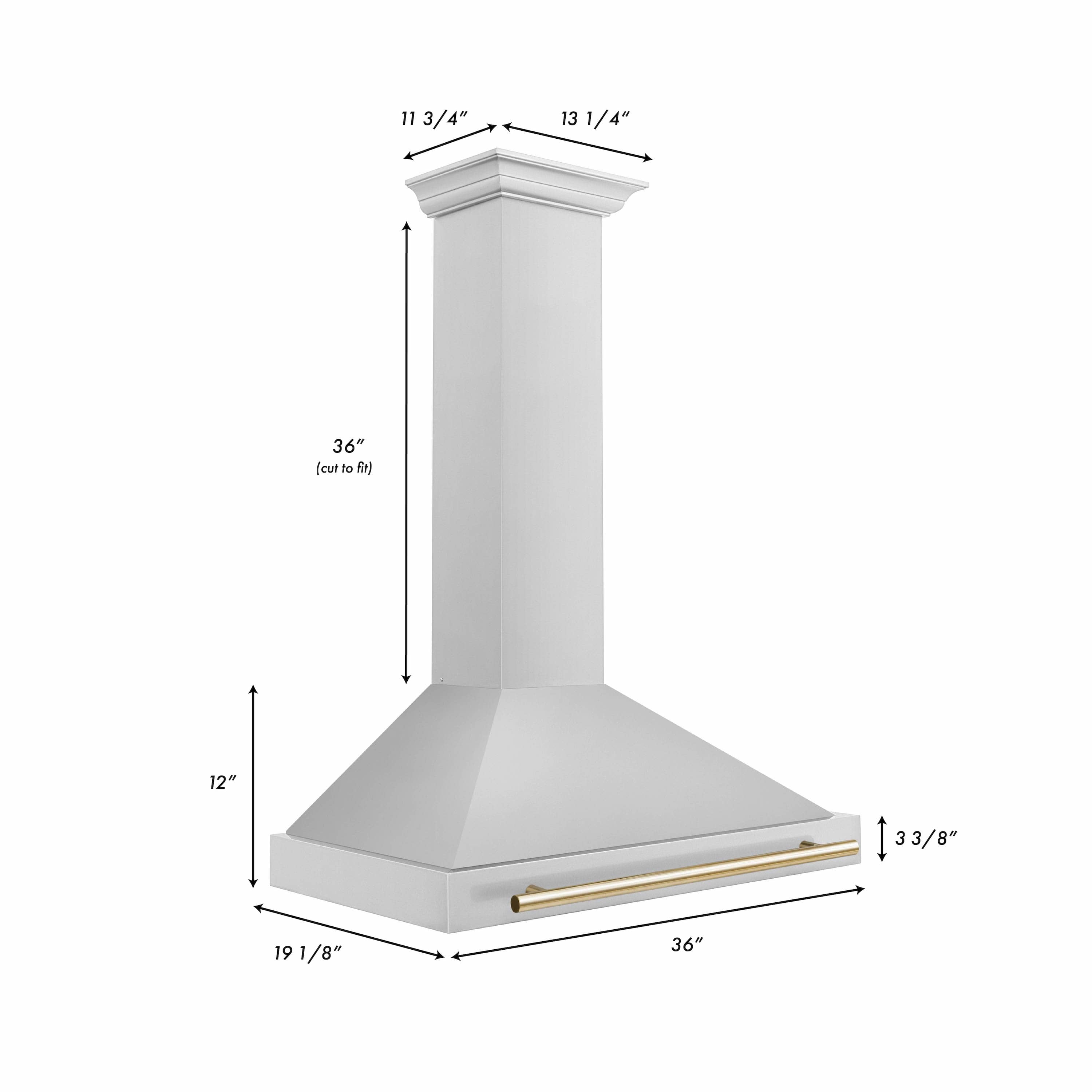 Wall-mounted range hood dimensions diagram in white and gold