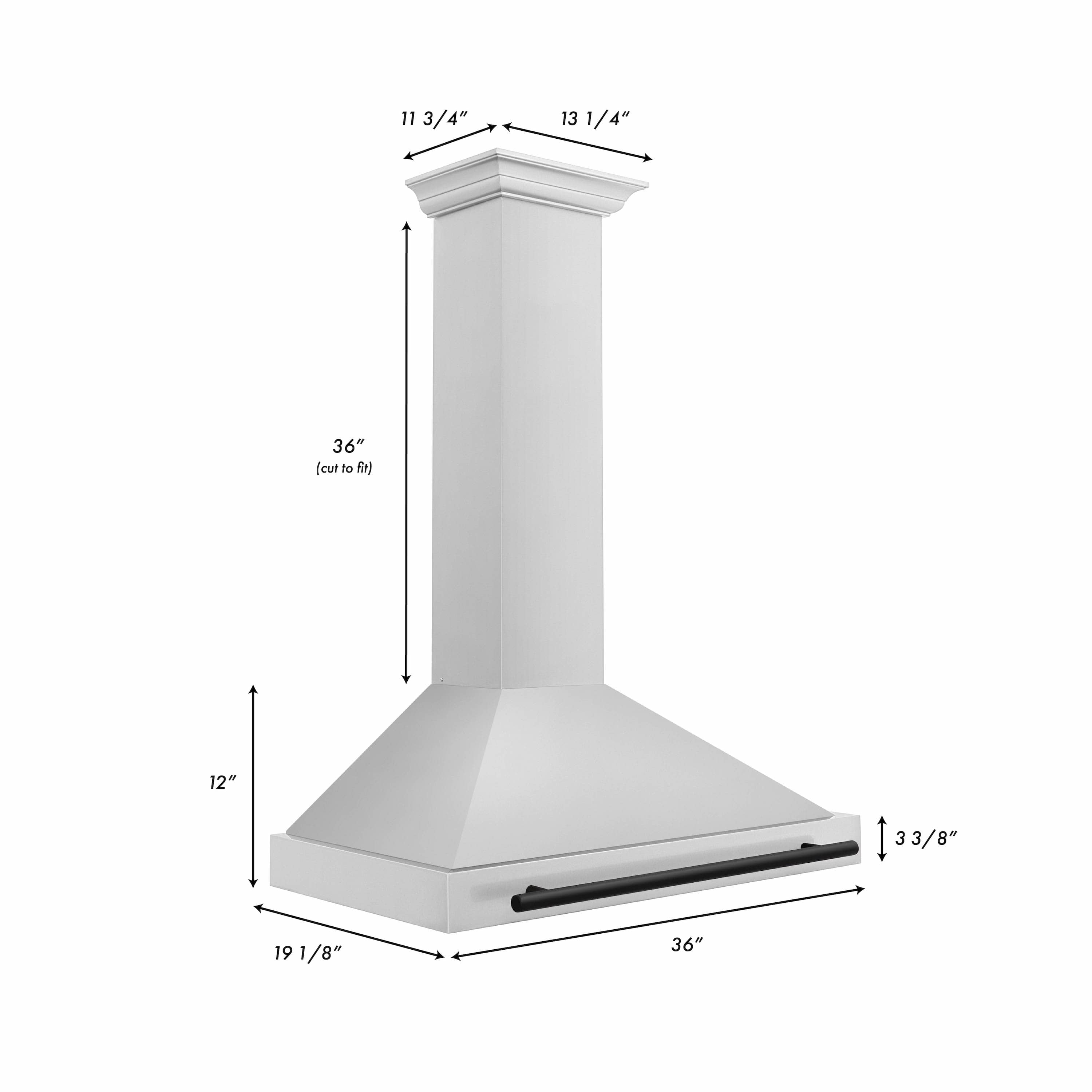 Wall-mounted range hood size diagram showing 36 in width and chimney height