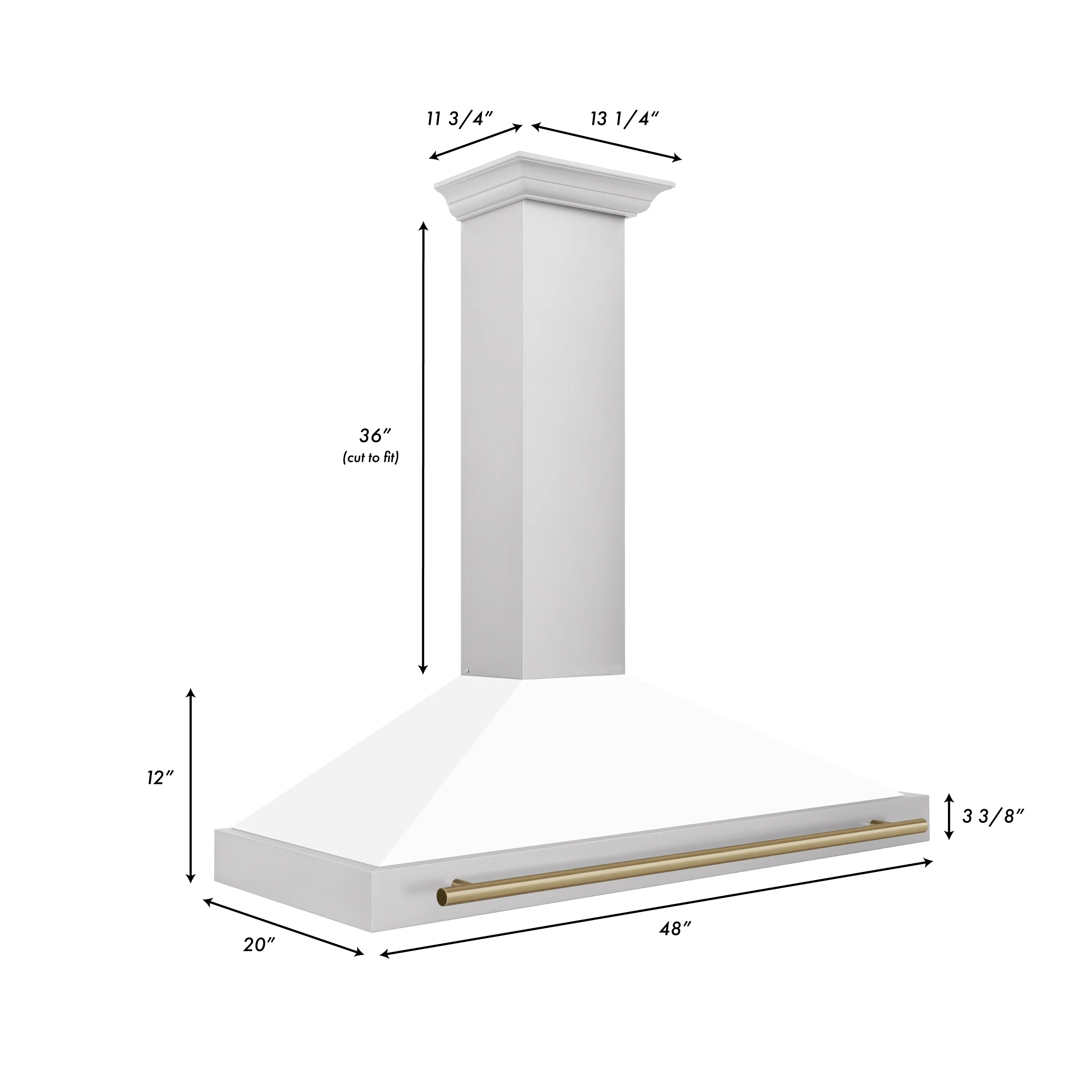 Wall-mounted range hood with white chimney column, bronze trim, and size diagram