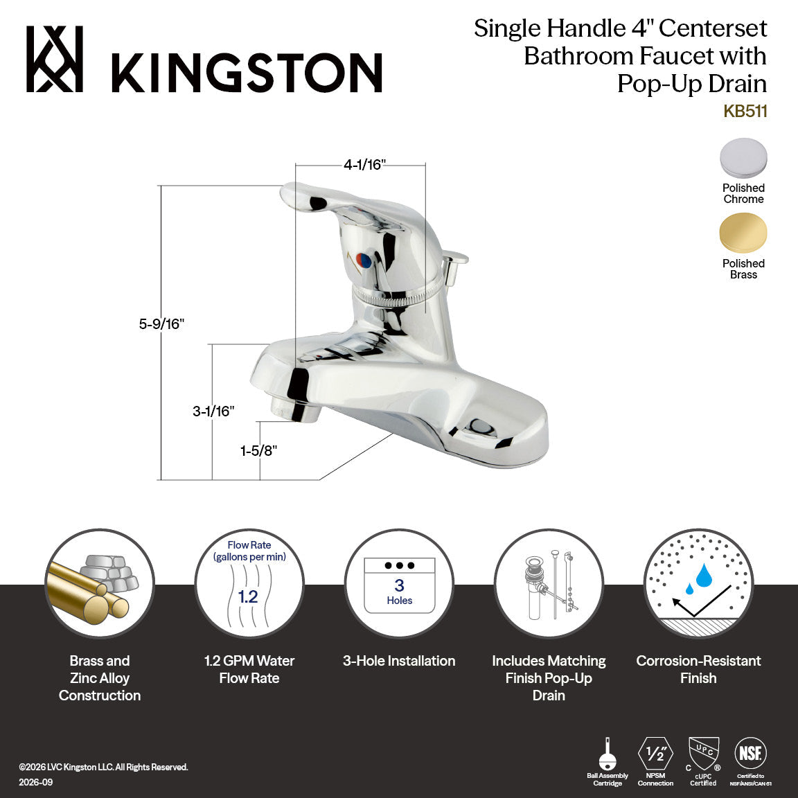 Wyndham Single-Handle 4" Centerset Bathroom Faucet with ABS Pop-Up Drain in Polished Chrome