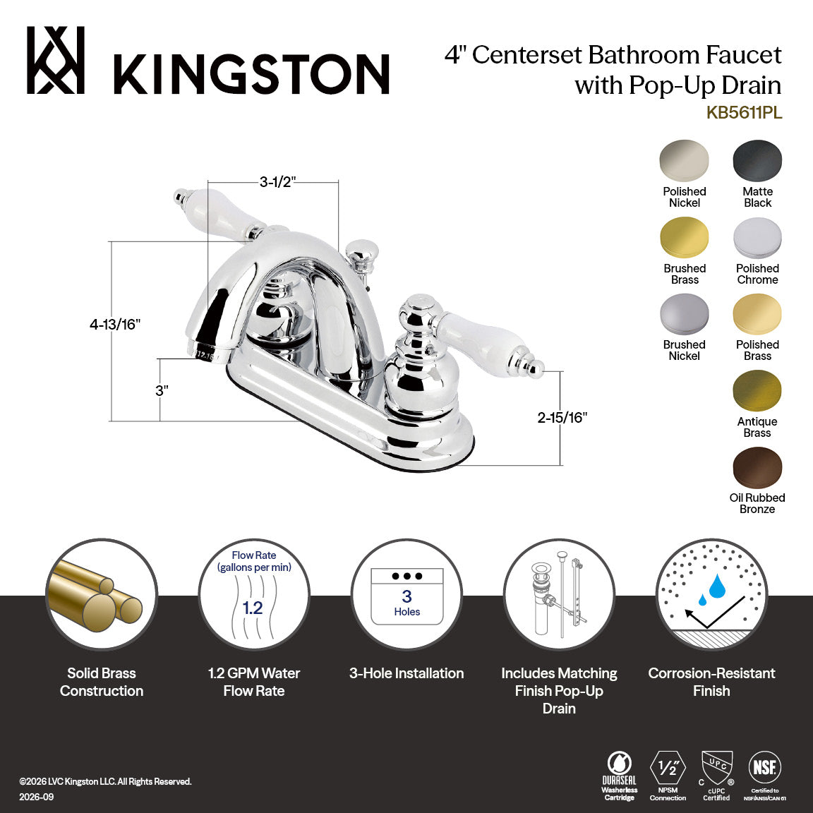 Restoration Double-Handle 4" Centerset Bathroom Faucet with Pop-Up Drain in Matte Black