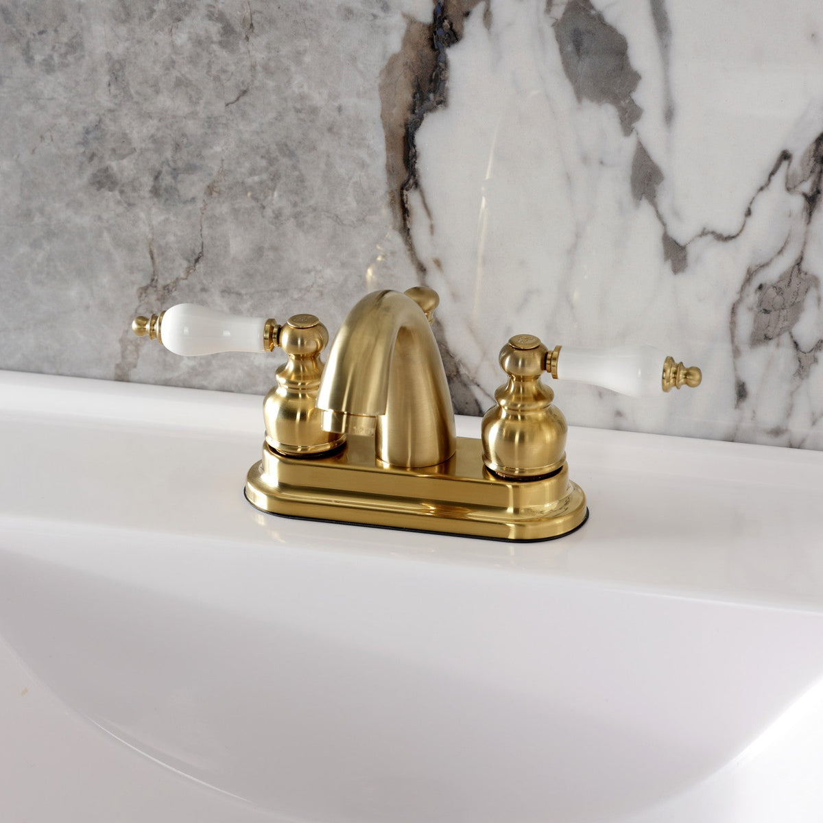 Restoration Double-Handle 4" Centerset Bathroom Faucet with Pop-Up Drain in Brushed Brass